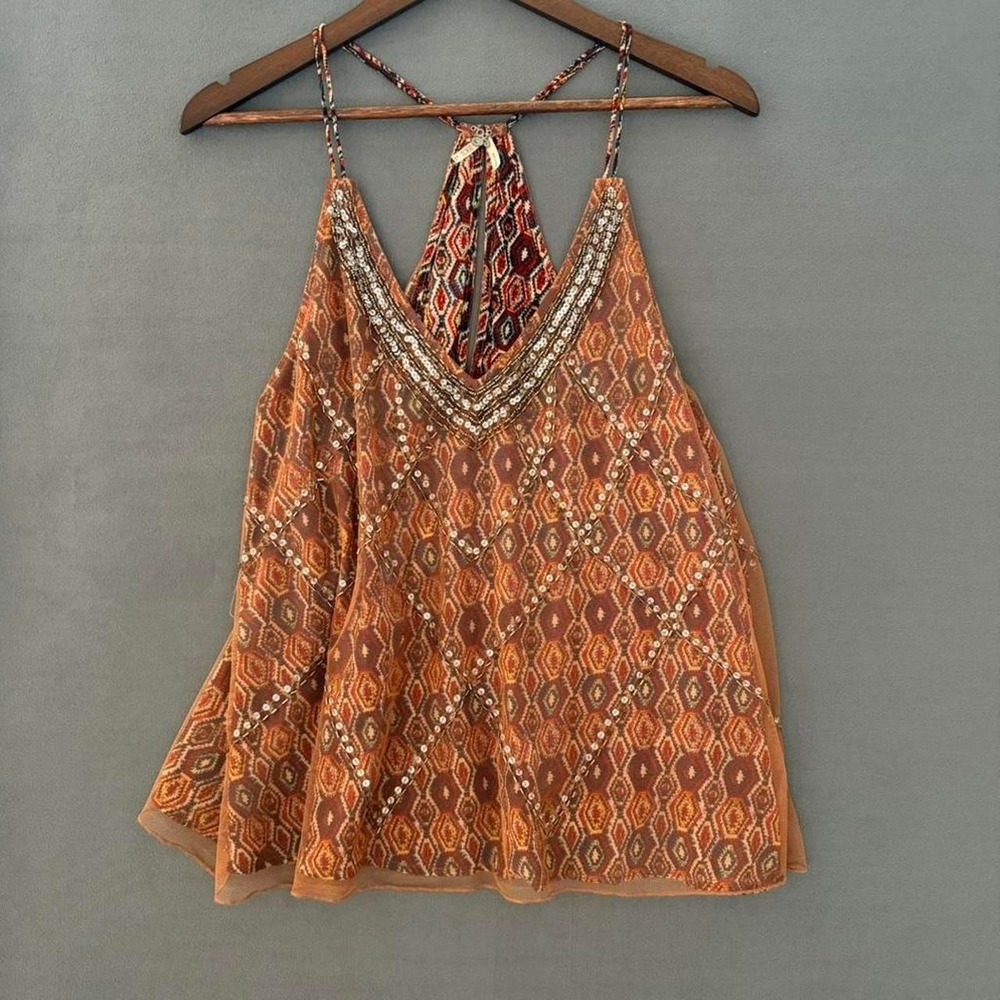 Boho Embellished Geometric Print Swing Tank Halter Back Beaded Cami Festeval